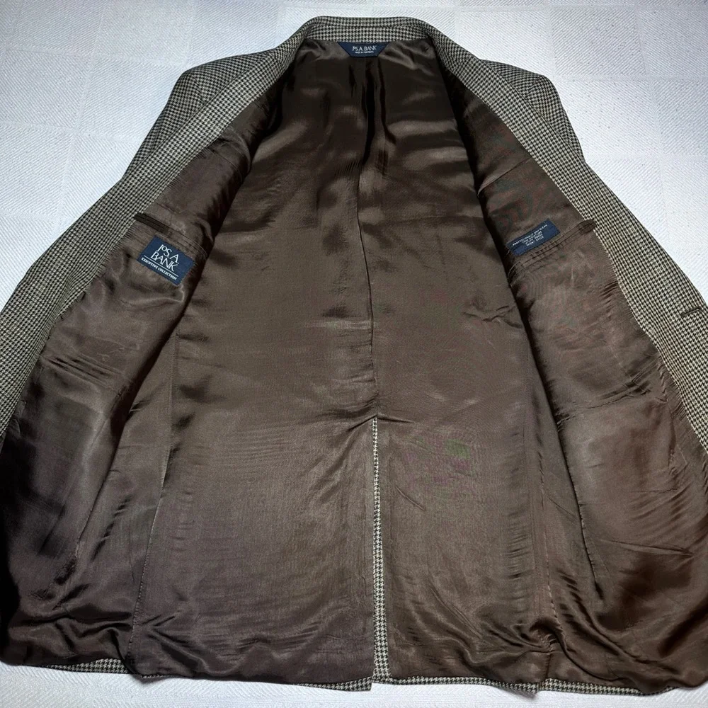 Jos A Bank Sport Coat Mens 42L Silk Wool Houndstooth Brown Two Button Blazer